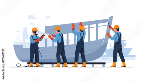 Boat Construction: Skilled craftspeople diligently collaborate, meticulously constructing a vessel from the ground up, highlighting the artistry and engineering involved in boat building. 