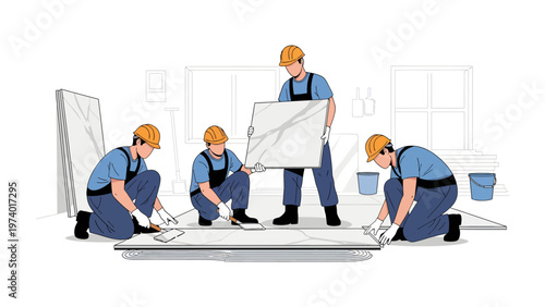 Team of Craftsmen at Work: A team of skilled craftsmen are meticulously laying tiles in a modern space, working in perfect unison to achieve a flawless finish. Capturing precision, expertise.