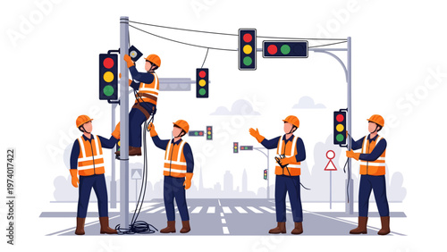 Traffic Signal Technicians at Work: A team of skilled technicians meticulously working on traffic signals to ensure seamless urban traffic flow.