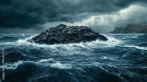 rocky island surrounded by crashing ocean waves, dark stormy clouds above generative ai