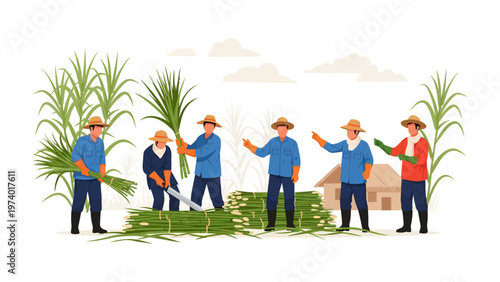 Harvesting Harvest: A group of farmers collaboratively harvest sugarcane. Their determination is apparent as they manage to work with unity.