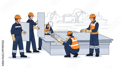 Construction Crew at Work: A team of skilled construction workers, meticulously assembling a structure, embodies precision and collaborative effort. the image depicts teamwork and industry.