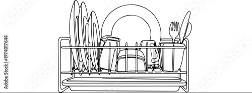 Continuous one line of a dish rack, symbolizing cleanliness and organization, style hand drawn vector illustration.