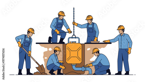 Engineers' Collaboration: A group of skilled engineers working together to install a buried tank, focusing on precision, teamwork, and technical expertise in an engineering illustration.