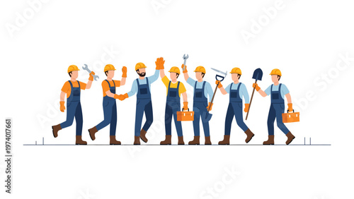 Construction Workers Teamwork: A diverse group of construction workers standing together, each holding different tools in hand, the image shows construction site in team work. 