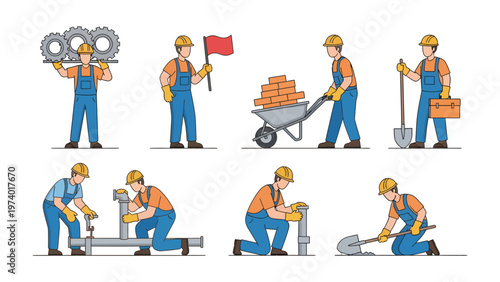 Building Blocks of Construction: A comprehensive collection of construction worker illustrations engaged in various activities, from carrying gears and brick to using wheelbarrows, shovels, and more.