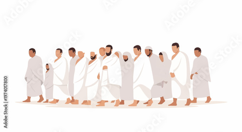 People in traditional white robes walking together in a line outdoors in daytime