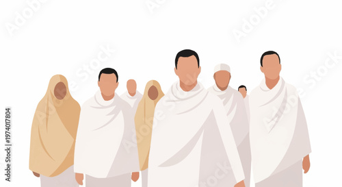 Muslim pilgrims, Hajj travelers, white robes, Islamic vector icons