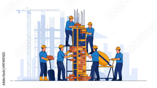 Building a Solid Foundation: A construction crew works together, meticulously assembling a structure, with a sense of purpose and the promise of a thriving community.