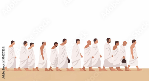 Men in white robes walking in a line on a desert path barefoot.