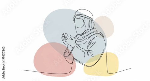 Continuous line drawing, Muslim woman praying, minimalist illustration, colorful abstract background