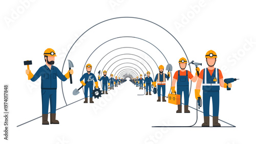 Construction Crew on Duty: A large team of construction workers stand with tools at the construction site, ready to build and create with a line of tunnel background. Showcasing dedication, skill.