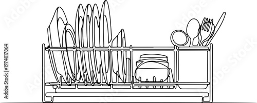 Continuous one line of a dish rack, symbolizing cleanliness and organization, style hand drawn vector illustration.
