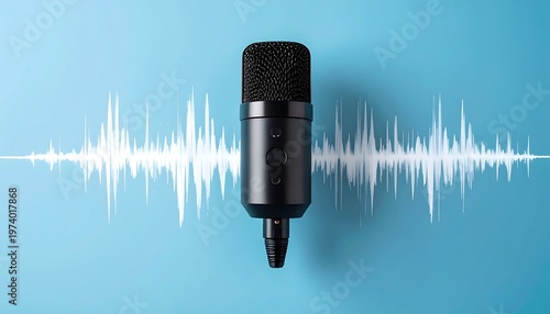 Professional microphone capturing audio waves on a blue background.