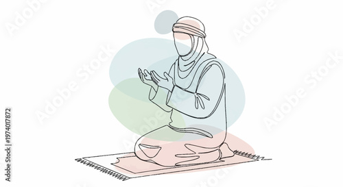 A person wearing a hijab and face mask sits on a prayer mat in a serene environment with hands clasped in prayer.
