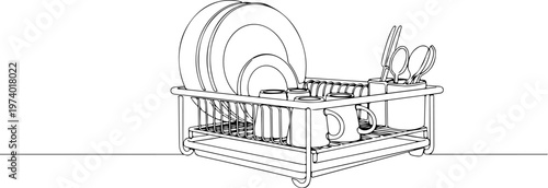 Continuous one line of a dish rack, symbolizing cleanliness and organization, style hand drawn vector illustration.