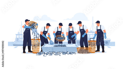Fish Processing on the Dock: A team of skilled workers meticulously sorts, and processes a bountiful catch of fish on the dock, showcasing the industry of fishing in action.