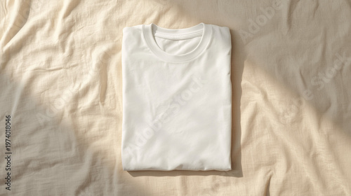 Top view of a blank white tee mockup neatly folded on textured light beige bedding with soft morning sunlight streaks.