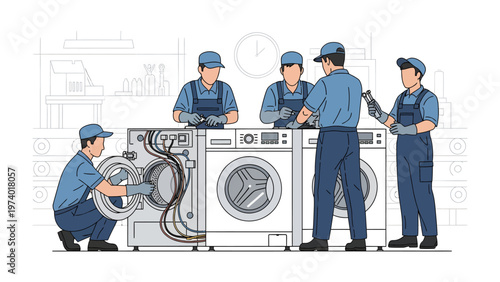 Team of Technicians Inspecting Washing Machines: A skilled team of technicians meticulously examines a row of washing machines, focusing on maintenance and repair within an industrial setting.