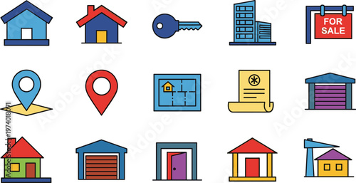 Real Estate Property Vector Set with House Key Map Location Garage Isolated on White Background