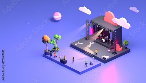 Isometric stage design with audience and trees in a vibrant scene.