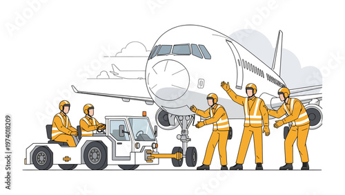 Aircraft Ground Crew Preparation: A team of ground crew members diligently prepares an aircraft for its next journey, working in unison to ensure safe and efficient operations.