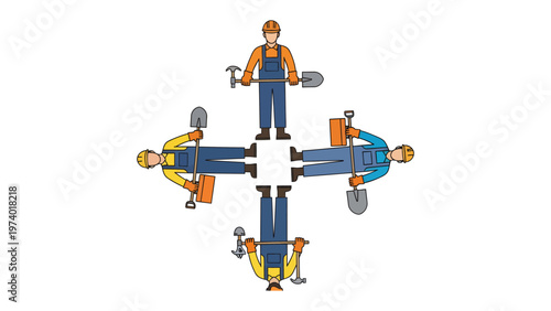 Construction Crew Collaboration: A visually striking arrangement of construction workers, each holding a different tool, symbolizing teamwork and the diverse skills required for a successful project.
