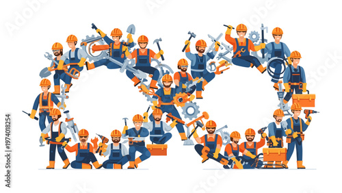 Infinite Construction: A graphic illustration of construction workers forming the infinity symbol, representing continuous development and collaboration.