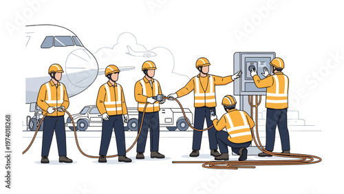 Airport Ground Crew at Work: A team of dedicated ground crew members diligently prepares an airplane for its next journey, symbolizing efficiency and operational readiness. 