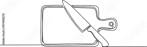 Continuous one line of a cutting board with knife, food preparation symbol, style hand drawing vector illustration.