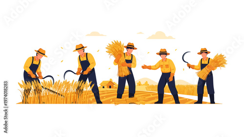 Golden Harvest: Illustrative portrayal of farmers diligently reaping the ripe wheat, symbolizing abundance and the essence of rural labor.