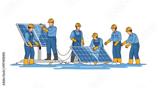 Renewable Energy Installation: A dedicated team of workers meticulously installs solar panels, embodying the promise of a sustainable future.