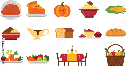 Thanksgiving Food Vector Set with Turkey Pumpkin Pie Corn Bread Dinner Isolated on White Background