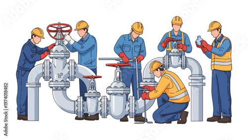 Precision and Partnership: Skilled technicians meticulously maintain a complex network of industrial pipes and valves, showcasing expertise and coordination.
