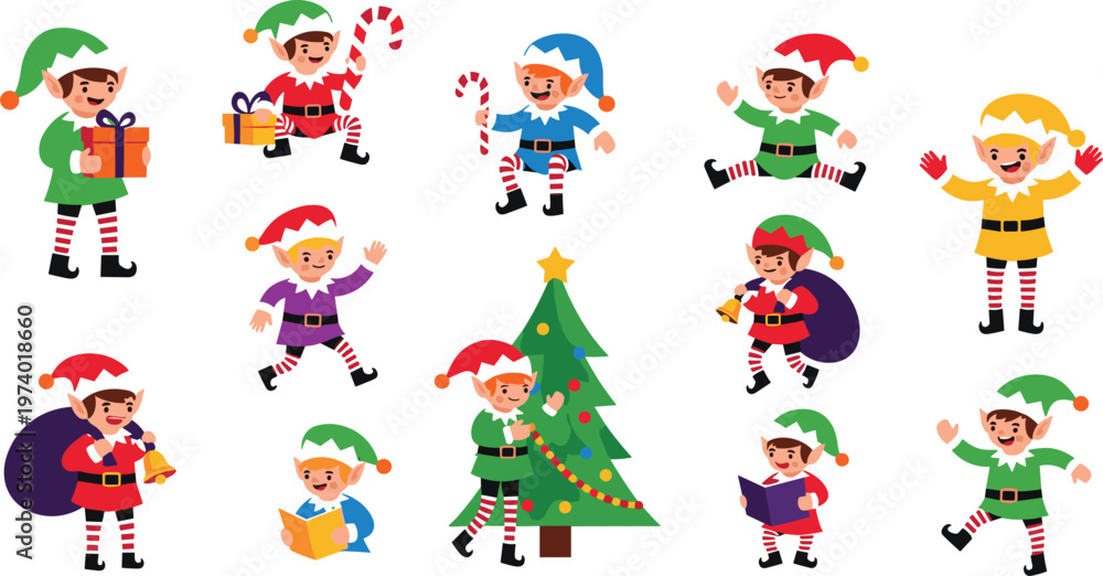 Fototapeta premium Christmas Elf Characters Vector Set with Cute Holiday Elves Gifts Tree Isolated on White Background