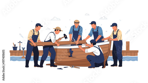 Crafting the Vessel: A collaborative assembly of skilled craftspeople meticulously constructing a traditional wooden boat. Each element of teamwork and expertise.