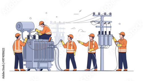 Power Grid Maintenance: Skilled electrical workers collaborate to maintain the power grid, ensuring the continuous flow of electricity. They are wearing safety gear and working together.