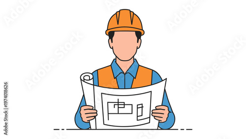 Construction Blueprint Examination: A focused construction worker meticulously reviews a blueprint, showcasing precision and dedication to the project's meticulous planning.