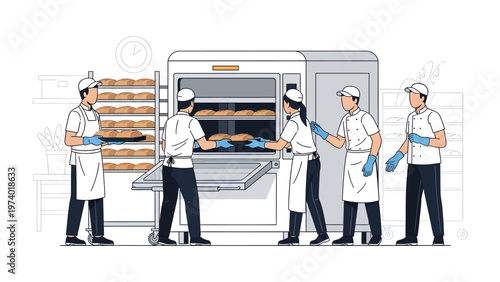 Bakers at Work: A team of skilled bakers in a modern bakery environment, collaboratively preparing and baking fresh, golden bread and pastries.  
