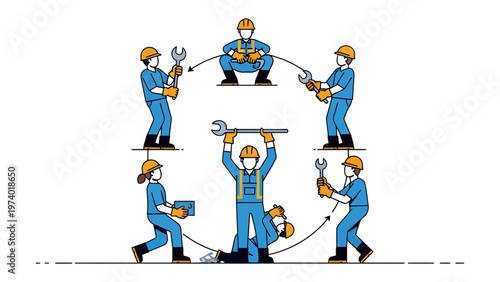 Industrial Teamwork Harmony: A group of skilled workers collaborate in a circular arrangement, symbolizing cooperation and unity in the industrial field. The workers holding tools and equipment.