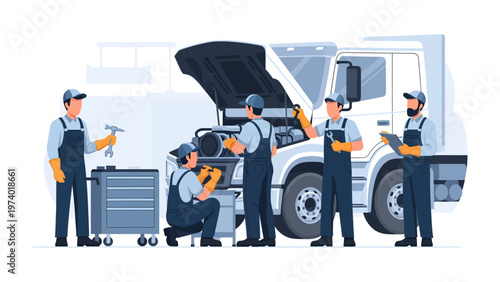 Truck Mechanics in Action: A team of skilled mechanics diligently works on a large truck, showcasing expertise in vehicle maintenance, using tools, and troubleshooting mechanical issues.