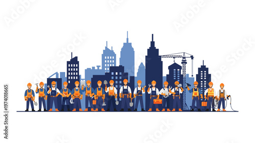 City Skyline with Builders: A collective of construction workers, united against a city skyline, ready for another day.