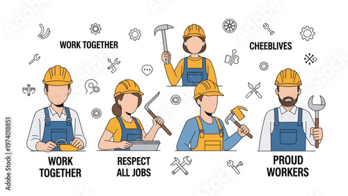 Illustrated Construction Crew: An illustration depicting a construction crew working together, each person holding a different tool and wearing a protective helmet.
