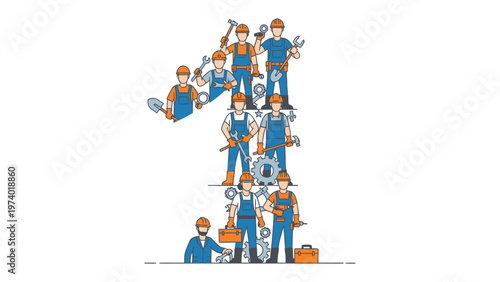 Number One Workforce: A creative depiction of a number one is formed by figures of industrious workers, symbolizing unity and accomplishment. representing the collective power of labor and expertise.