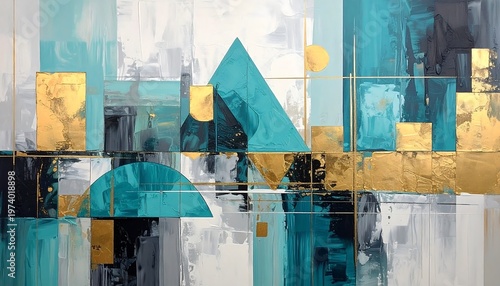 Abstract Geometric Composition with Teal and Gold Accents.