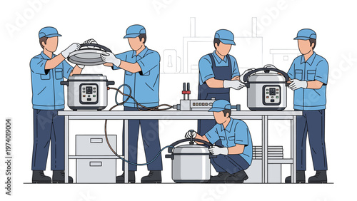 Assembly Line Precision: A dedicated team of skilled workers meticulously assemble and inspect innovative electronic products. showcasing precision, teamwork, and commitment to quality.