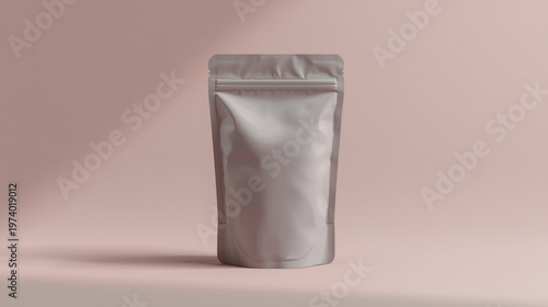 Professional grey matte stand-up pouch mockup against a dusty rose background with natural artistic lighting.