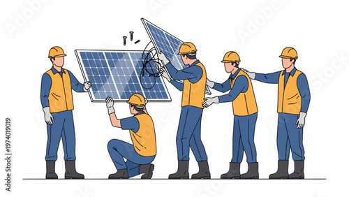 Solar Panel Installation: A team of diligent workers meticulously installs a solar panel, showcasing the commitment to renewable energy