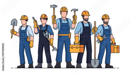 United Workforce: A unified team of skilled construction workers, each holding essential tools, stands ready to tackle any project with determination and expertise.