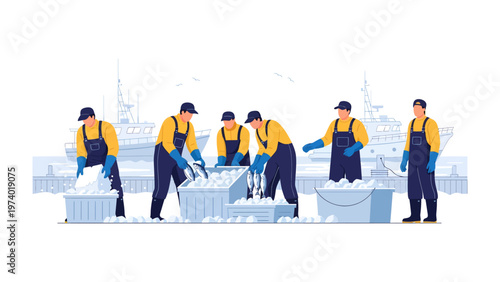 Seafood Harvest: A team of skilled workers meticulously sorts a bountiful catch of seafood on a dock, illustrating the vital process of harvesting and distributing marine bounty